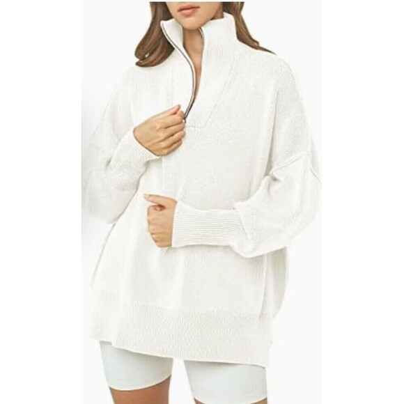 Anrabess Women XL White Oversized Sweater Long Sleeve Quarter Zip Pullover T3 - Picture 2 of 11